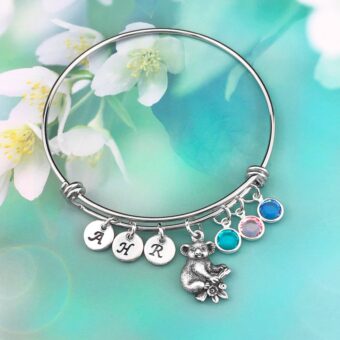 Koala Adjustable Bangle Bracelet with Personalised Initials & Birthstone Charms
