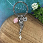 Angel Wing Keyring with Personalised Initial Charm & Optional Natural Gemstone Charm