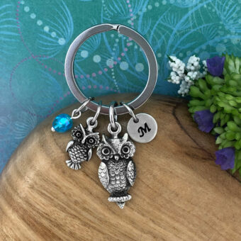 Mother & Baby Owls Keyring with Optional Personalised Initial Charm & Optional Natural Gemstone Charm