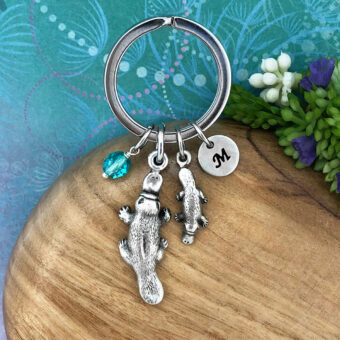 Platypus Mother & Baby Keyring with Optional Personalised Initial Charm & Optional Natural Gemstone Charm