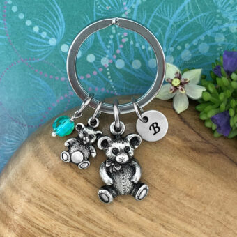 Mother & Baby Teddy Bears Keyring with Optional Personalised Initial Charm & Optional Natural Gemstone Charm