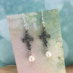 Cross Earrings, Freshwater Pearl Drop