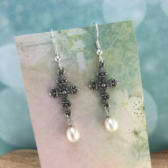 Cross Earrings, Freshwater Pearl Drop