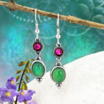 Green Agate Oval Earrings, Fuchsia Swarovski Crystals