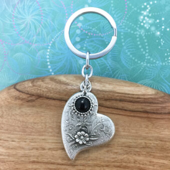 Heart and Flowers Keyring with Black Onyx Charm