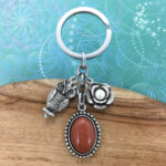 Owl Keyring Charm with Gold Stone Pendant & Rose Freshwater Pearl Charm
