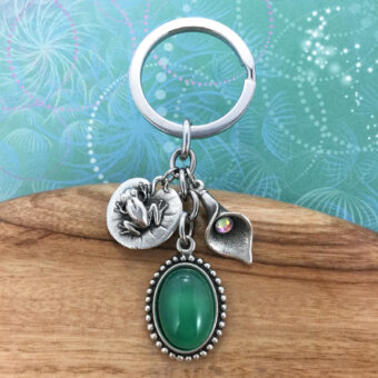 Frog Keyring Charm with Green Agate Pendant & Lily with Crystal Charm