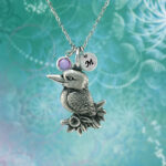 Personalised Kookaburra Necklace with Stainless Steel Chain, Crystal Birthstone & Optional Hand Stamped Initial Disc